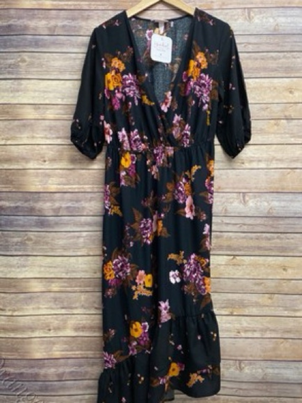 Black Floral Midi Maternity Dress with Pink & Mustard Blooms